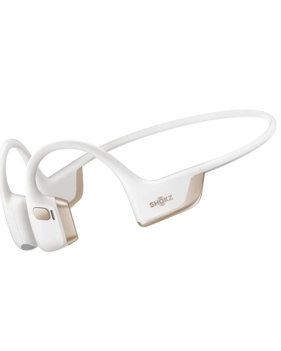 Fone de condução óssea Shokz OpenRun Pro 2 na cor branca, com arco de titânio, em foto oficial do fabricante