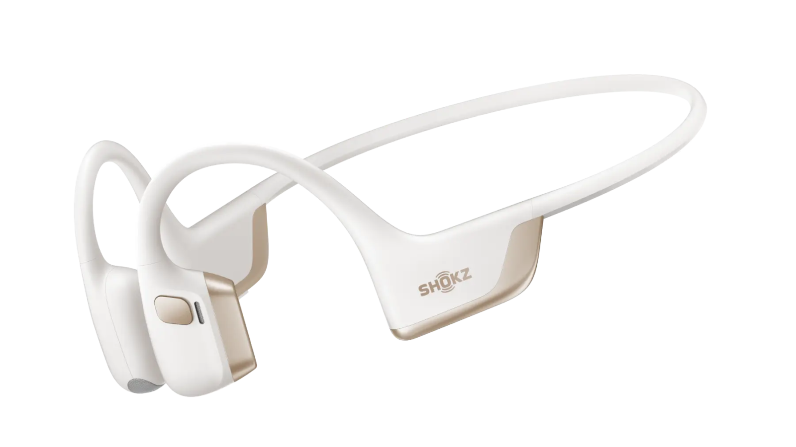 Fone de condução óssea Shokz OpenRun Pro 2 na cor branca, com arco de titânio, em foto oficial do fabricante