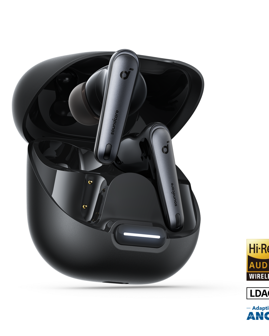 Fones true wireless Soundcore Liberty 4 NC pretos ao lado do estojo de carregamento