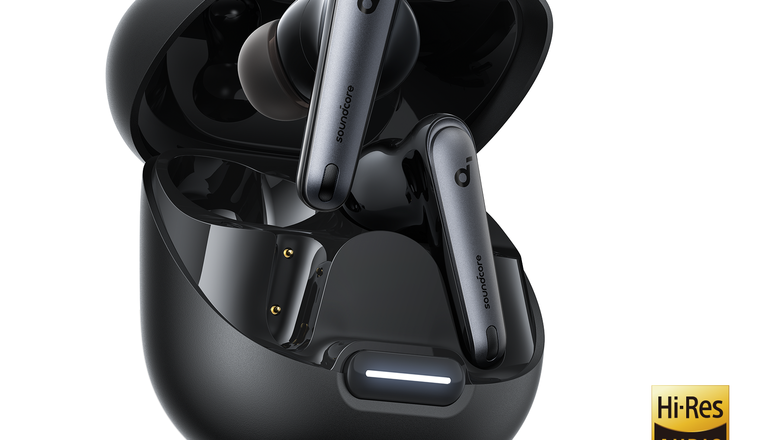 Fones true wireless Soundcore Liberty 4 NC pretos ao lado do estojo de carregamento