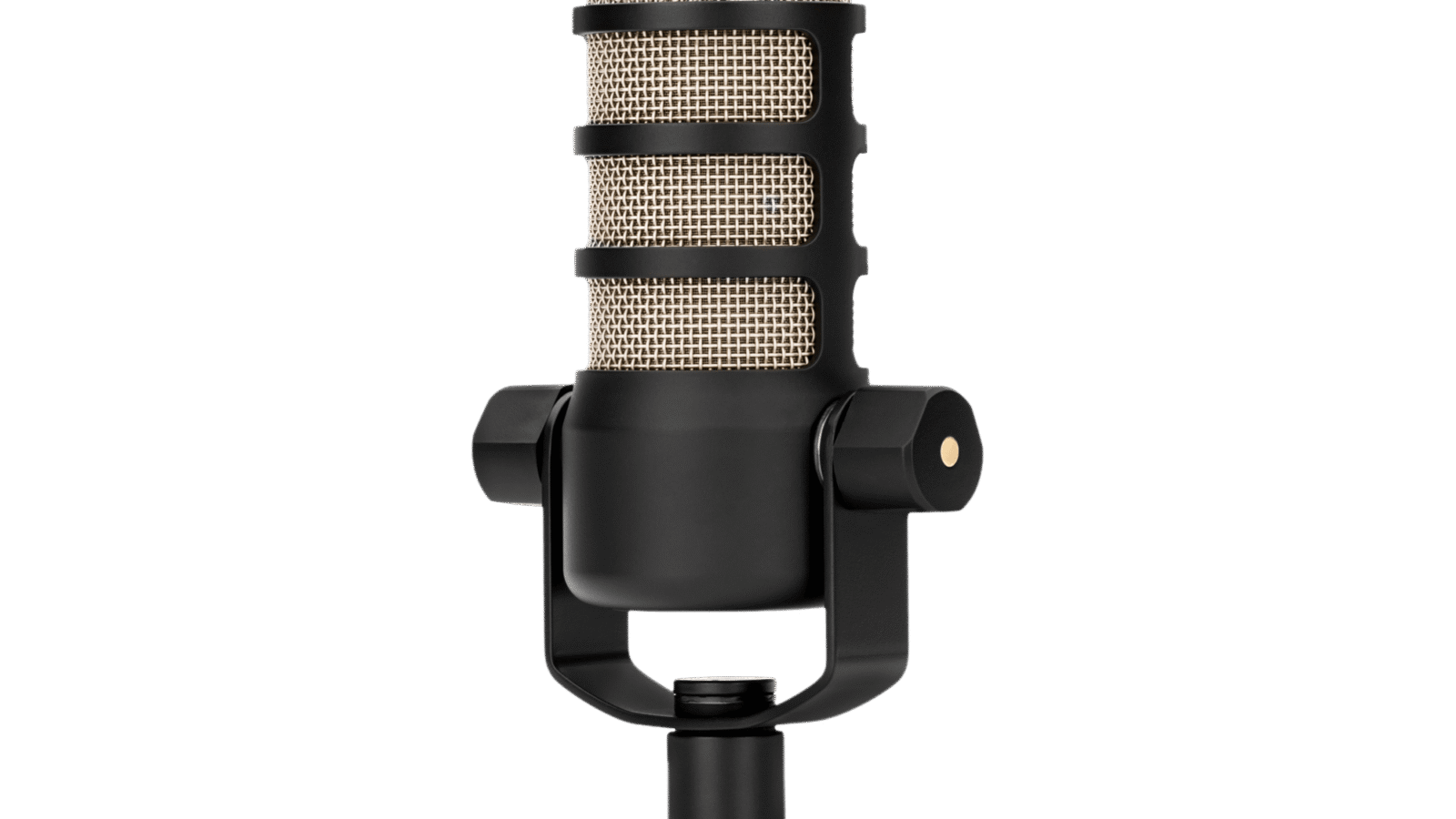 Microfone dinâmico Rode PodMic preto, com braço giratório integrado, em vista três-quartos frontal