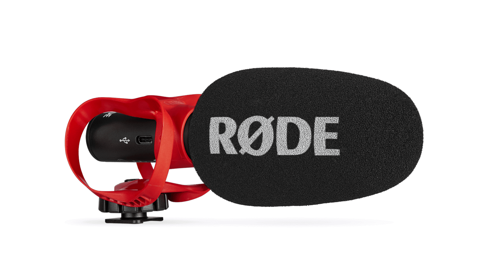 Microfone shotgun Rode VideoMic GO II com suporte HELIX e protetor de espuma, visto em três quartos