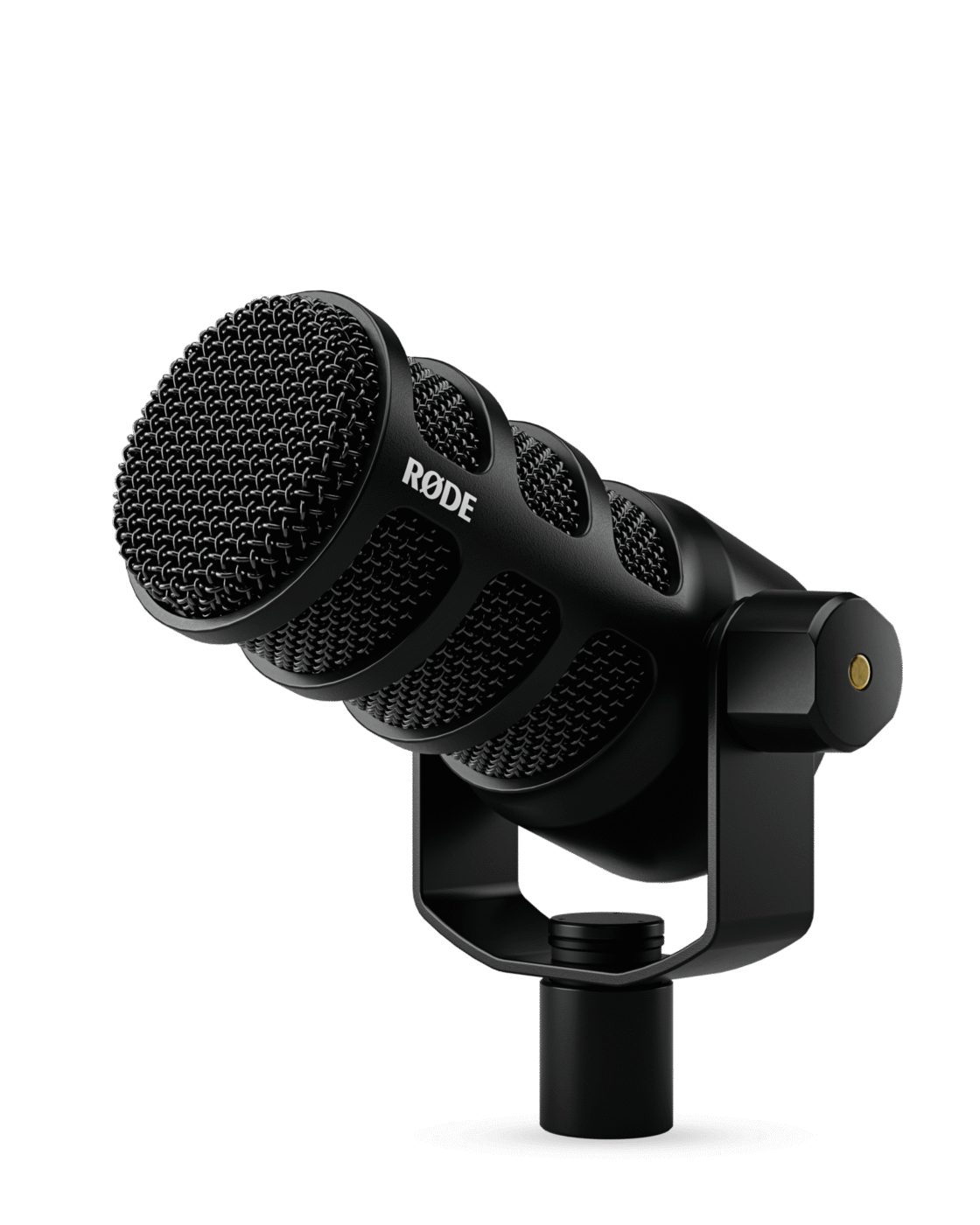 Microfone dinâmico Rode PodMic USB preto em vista três quartos, com corpo metálico e suporte articulado
