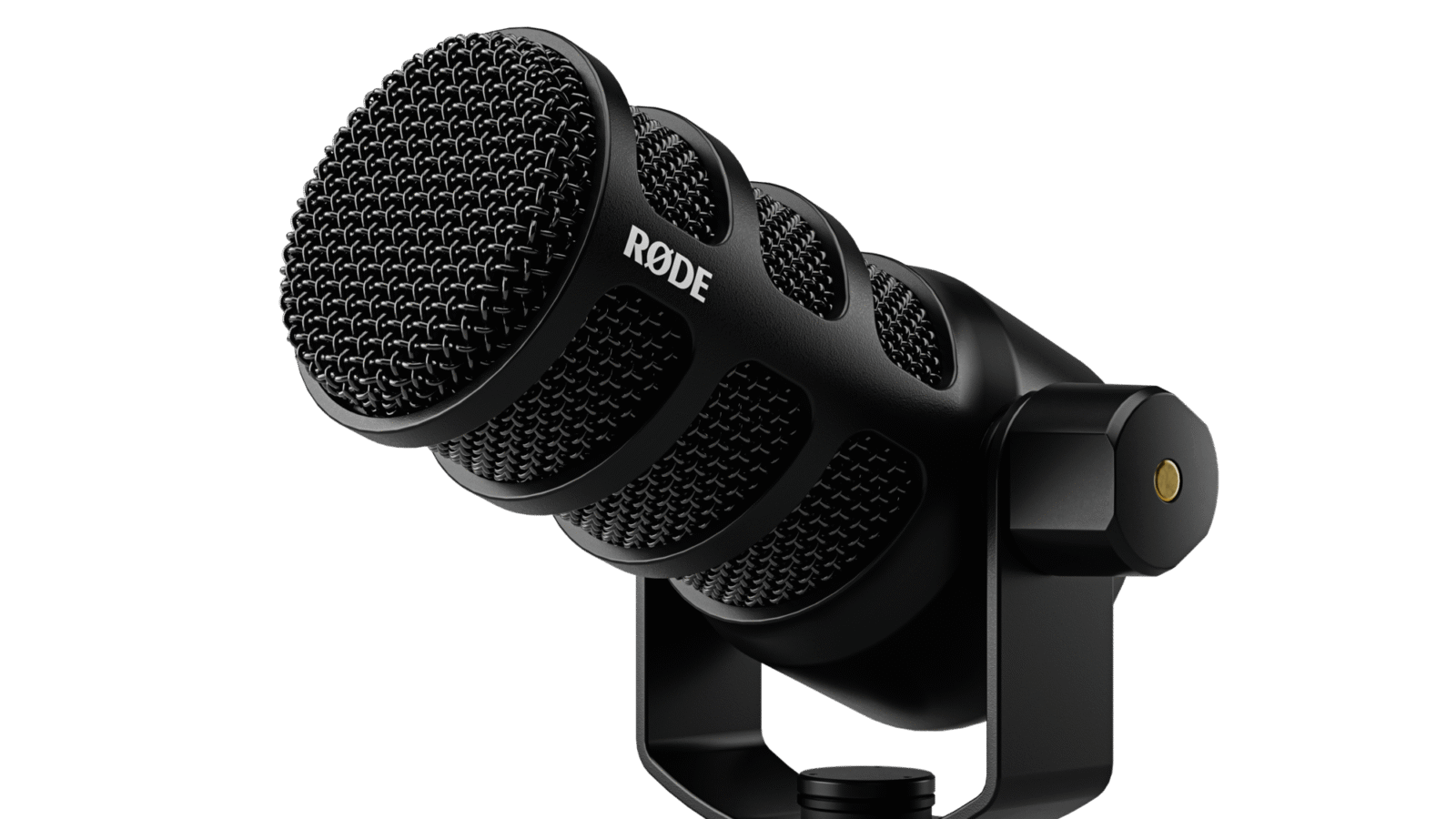 Microfone dinâmico Rode PodMic USB preto em vista três quartos, com corpo metálico e suporte articulado