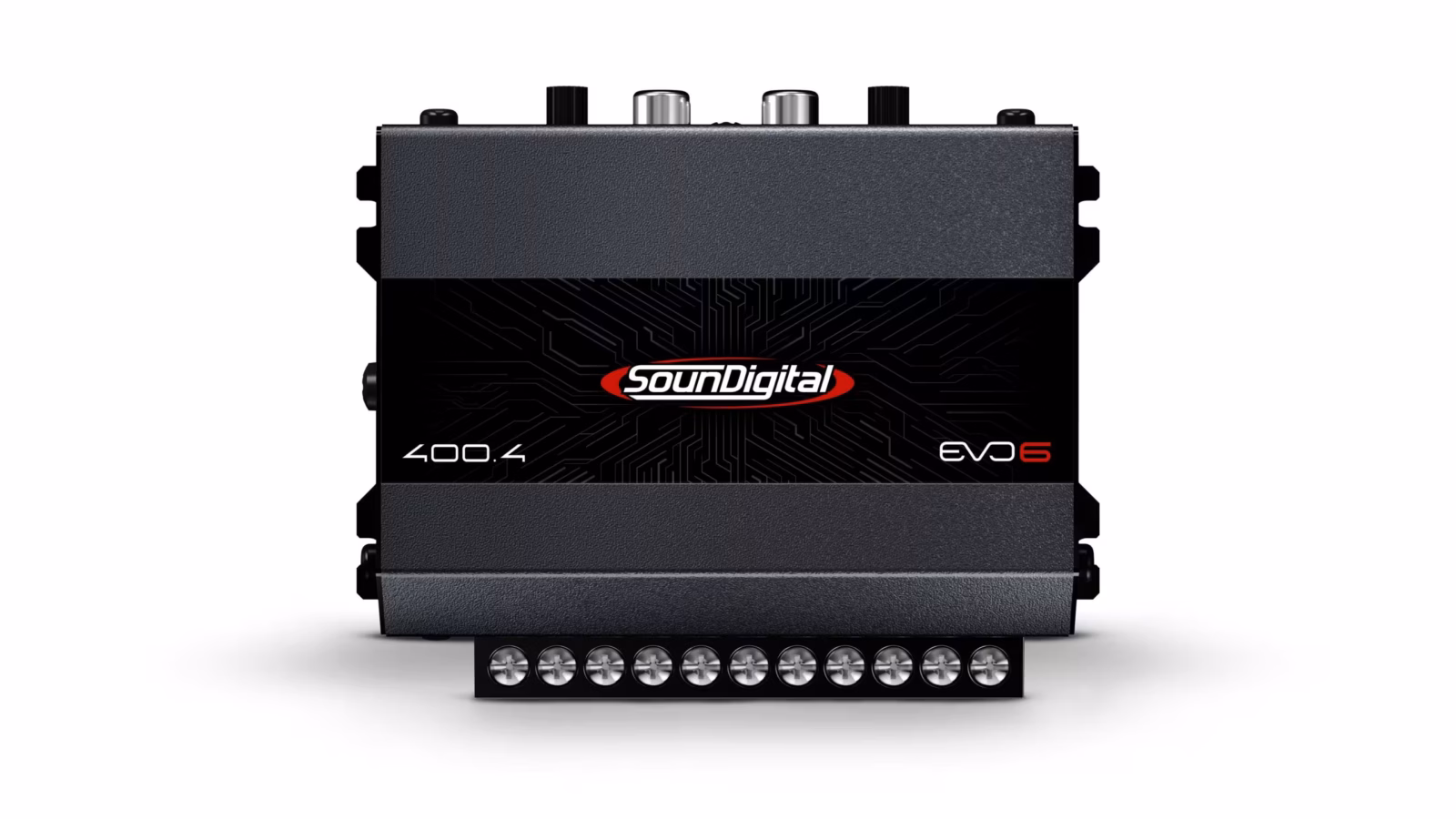 Módulo amplificador automotivo de quatro canais SounDigital 400.4 EVO6 visto de cima, com entradas RCA e bornes de saída