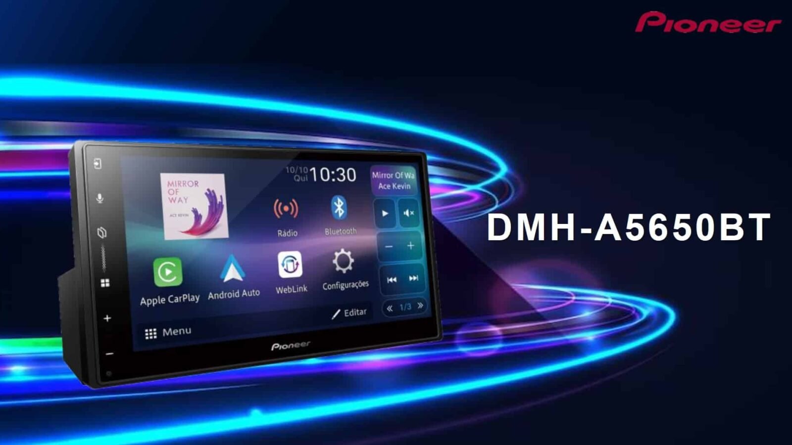 Central multimídia Pioneer DMH-A5650BT com tela de 6,8 polegadas exibindo ícones de Apple CarPlay e Android Auto