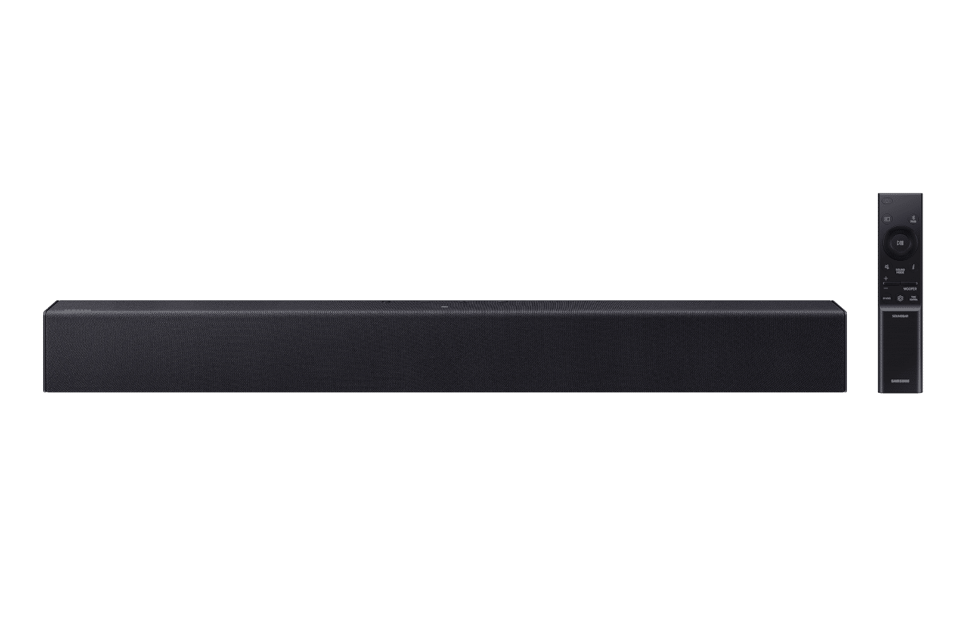 Soundbar Samsung HW-B400F, barra 2.0 compacta de cor preta com woofer integrado