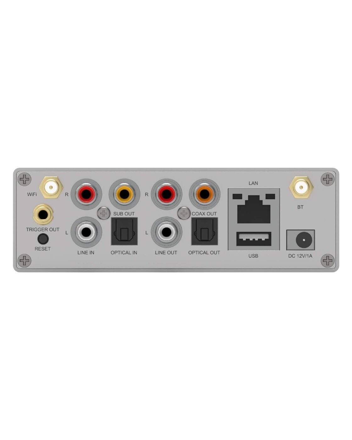 Painel traseiro do streamer Arylic S50 Pro+ com saídas RCA, óptica, coaxial e de subwoofer