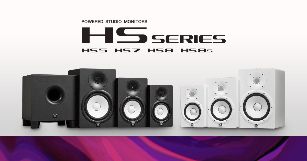 Monitores de estúdio ativos Yamaha da série HS em fundo escuro