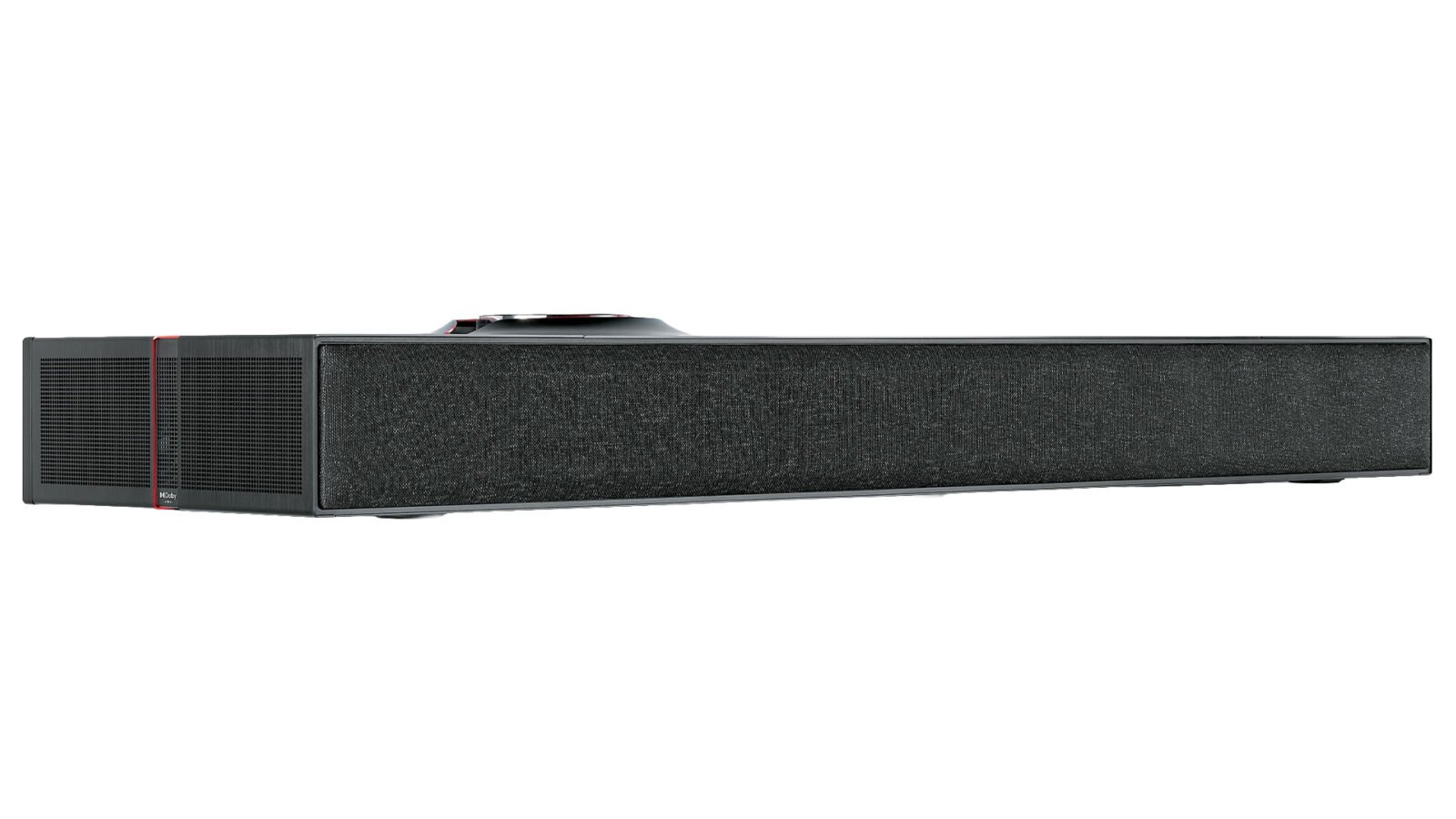 Naim Mu-so Utopia visto em três quartos, com gabinete preto alongado, tela frontal de tecido, friso vermelho na lateral e dial de controle no topo