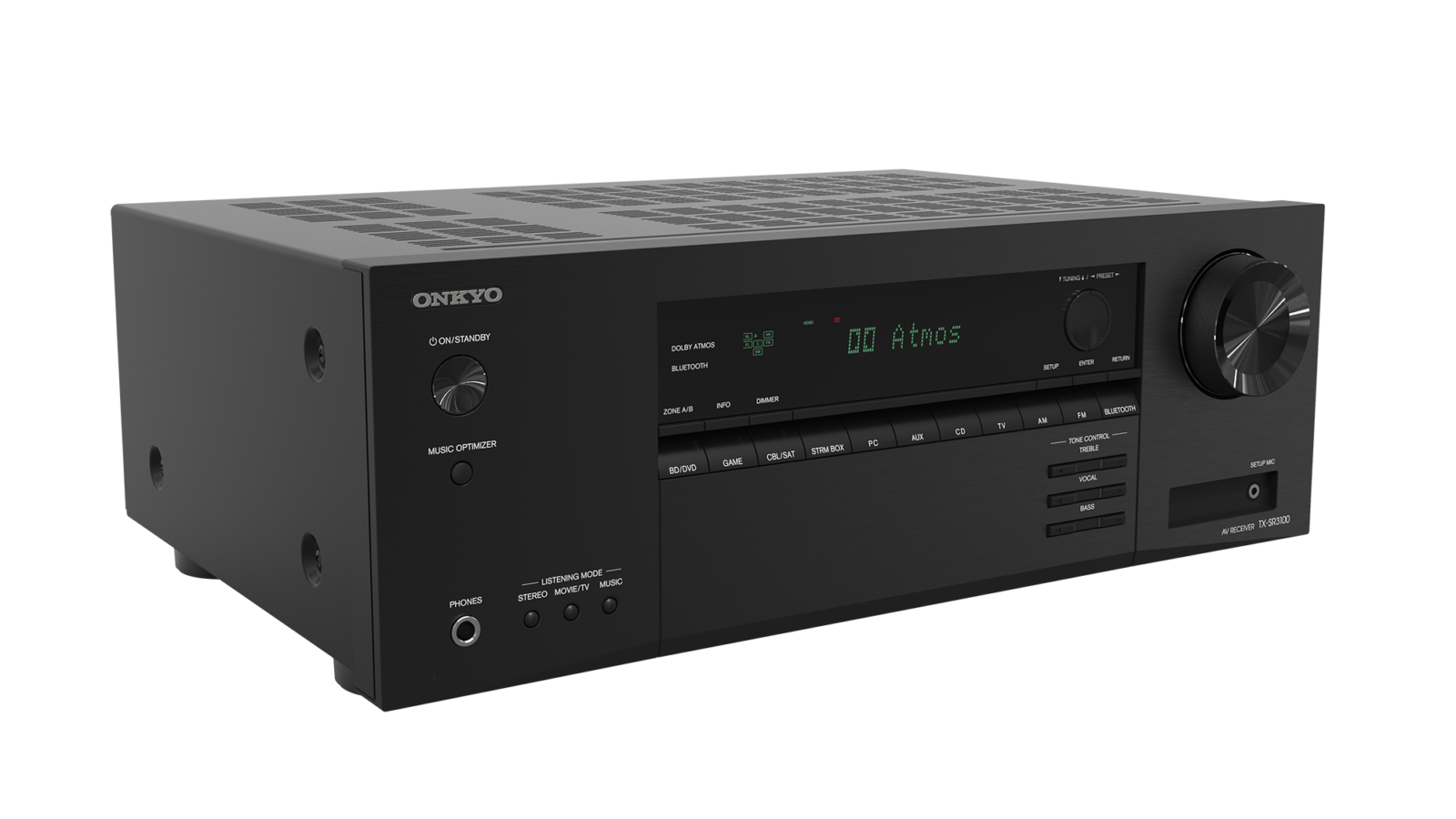 Receiver AV Onkyo TX-SR3100 preto de 5.2 canais visto de frente