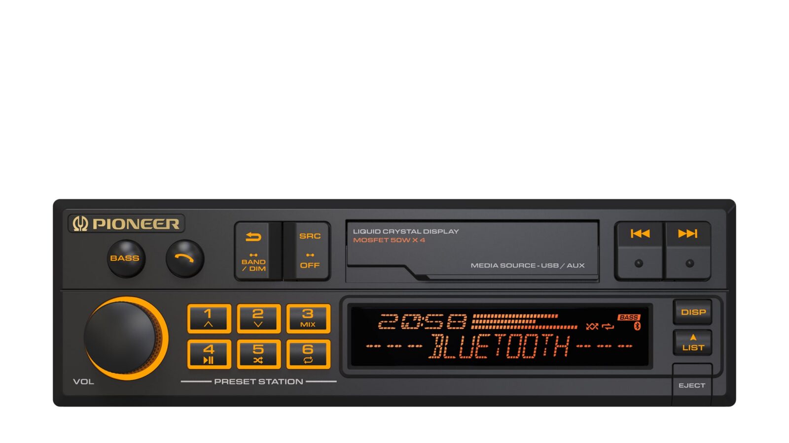 Rádio automotivo 1-DIN Pioneer SXT-C10PS visto de frente, com botões laranja, botão de volume e display segmentado mostrando Bluetooth