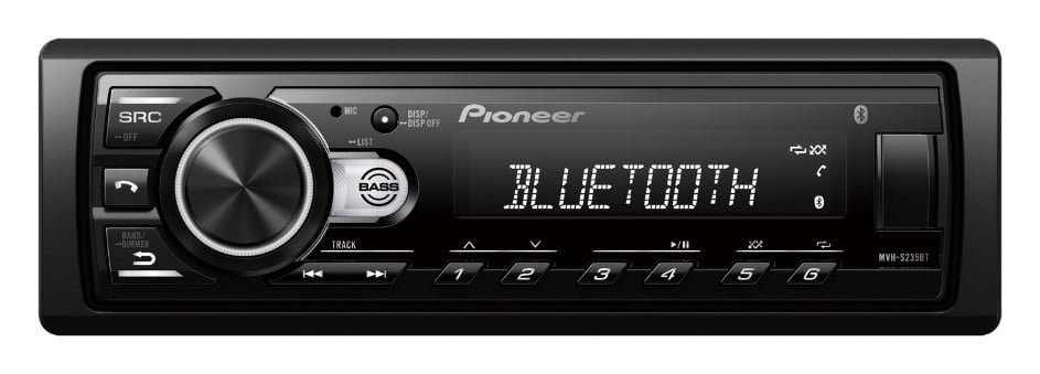 Media receiver automotivo Pioneer MVH-S235BT 1-DIN com display de iluminação branca e botão de volume