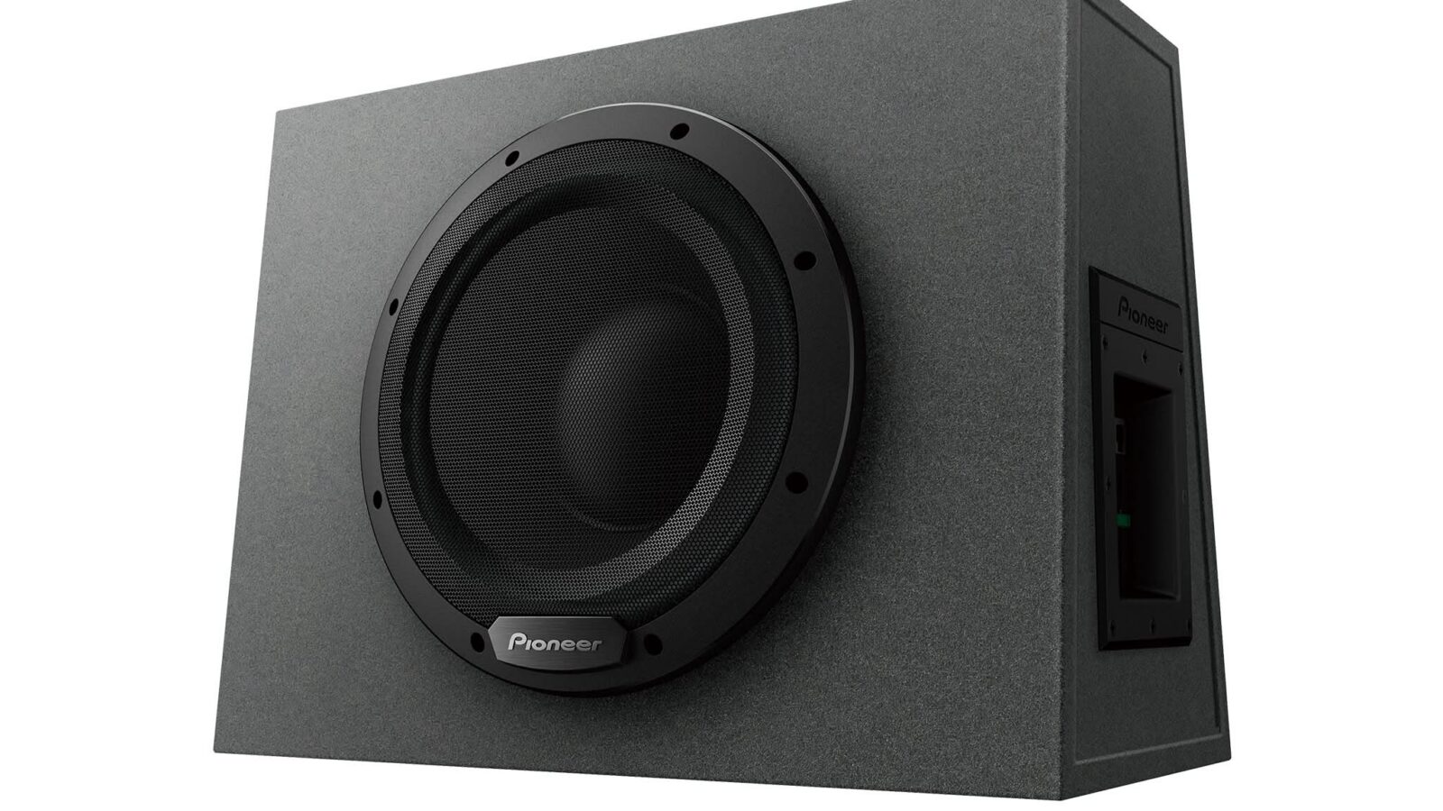 Subwoofer automotivo ativo Pioneer TS-WX1010A, caixa selada cinza em formato trapezoidal com woofer de 10 polegadas