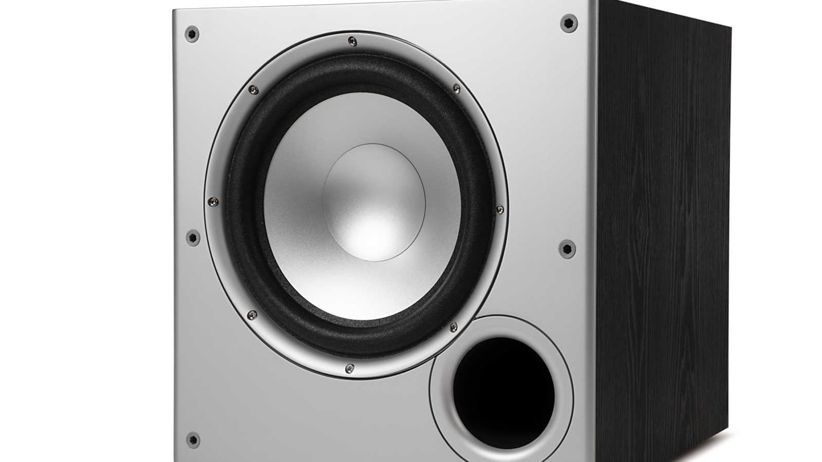 Subwoofer Polk Audio PSW10 preto sem tela, com cone de 10 polegadas à mostra