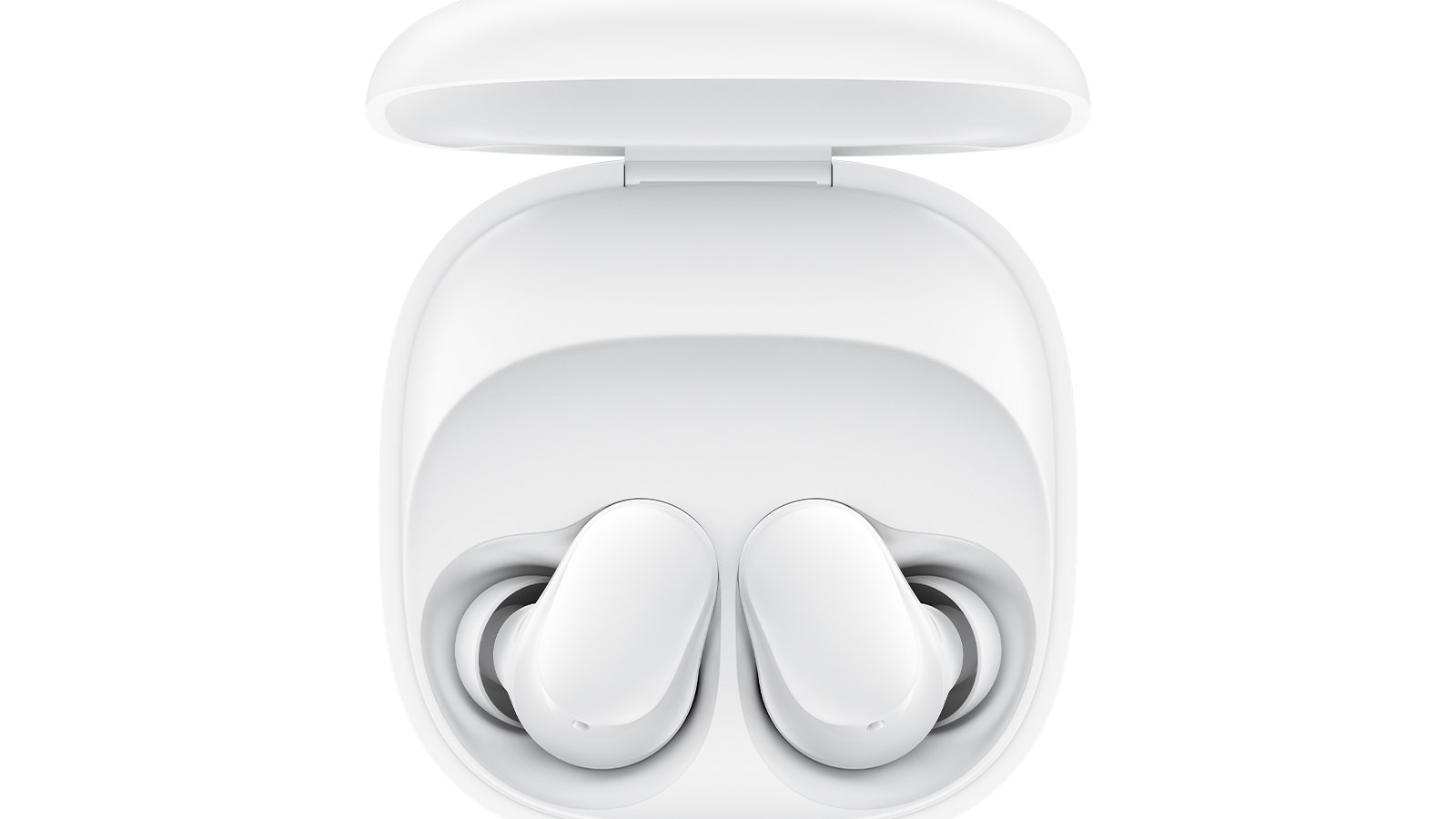 Fone Xiaomi Redmi Buds 6 Play branco dentro do estojo de carregamento aberto, visto de cima