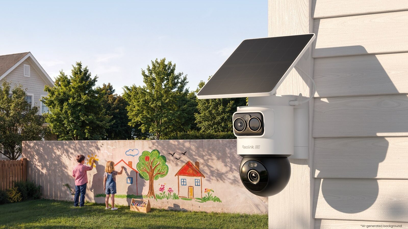 Câmera Reolink OMVI 2i Ultra branca instalada na parede externa de uma casa, com painel solar em cima, duas lentes fixas e cúpula giratória embaixo, olhando para um quintal com crianças pintando um muro