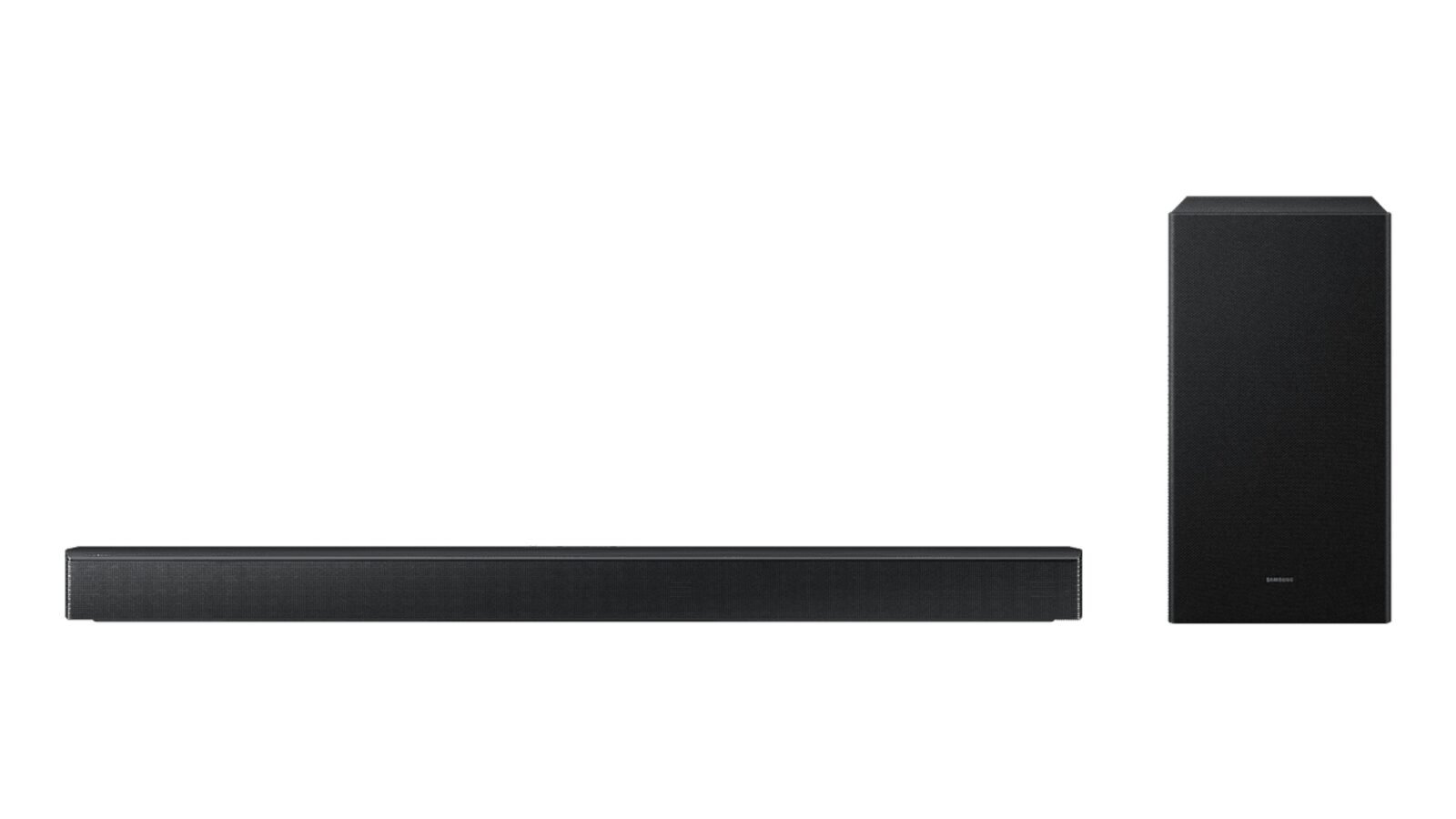 Soundbar Samsung HW-B650F preta ao lado do subwoofer sem fio, em fundo branco
