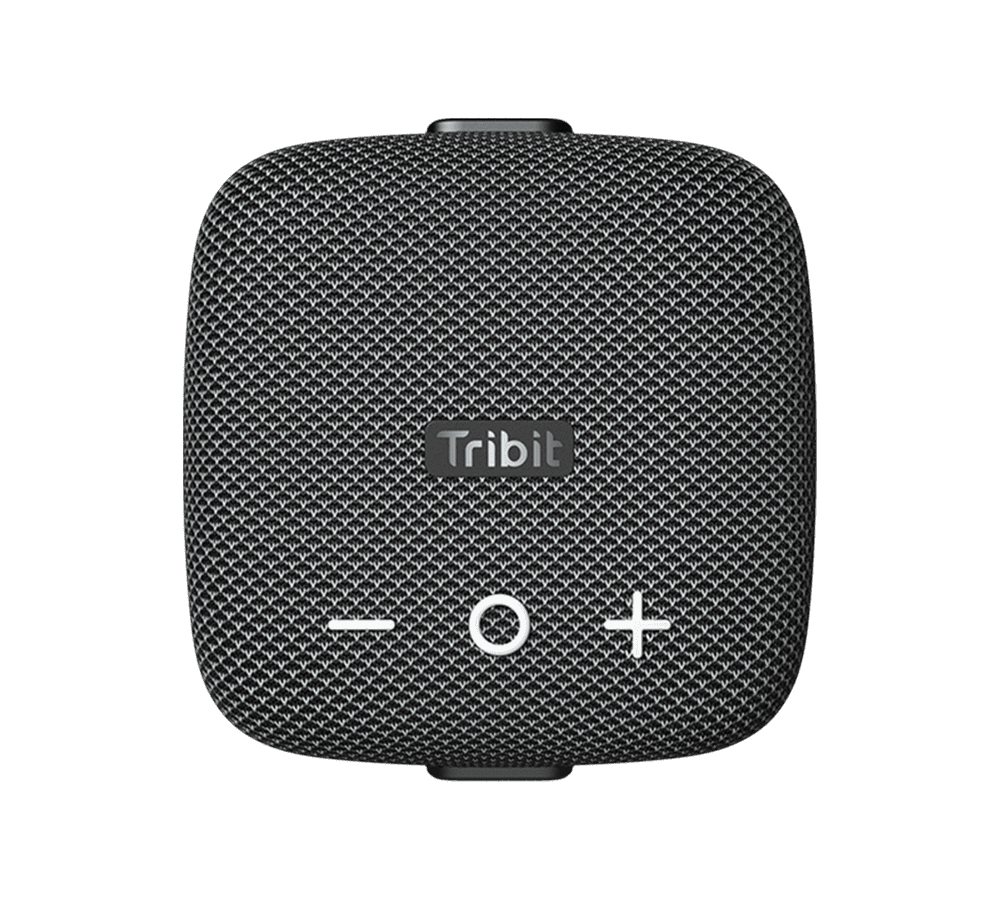 Caixa de som Bluetooth Tribit StormBox Micro 2 preta, formato de disco com alça elástica integrada na parte traseira