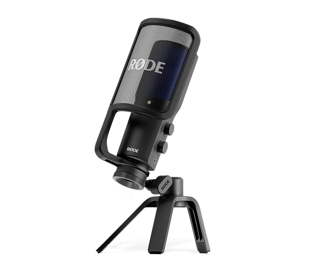Microfone USB condensador RØDE NT-USB+ preto em foto oficial de três quartos