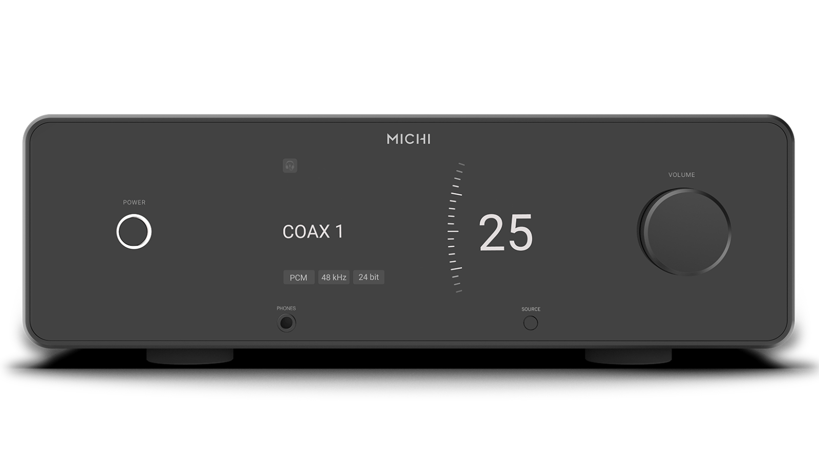 Vista frontal do pré-amplificador Rotel Michi Prestige P430, em acabamento preto, com display central e botões de controle