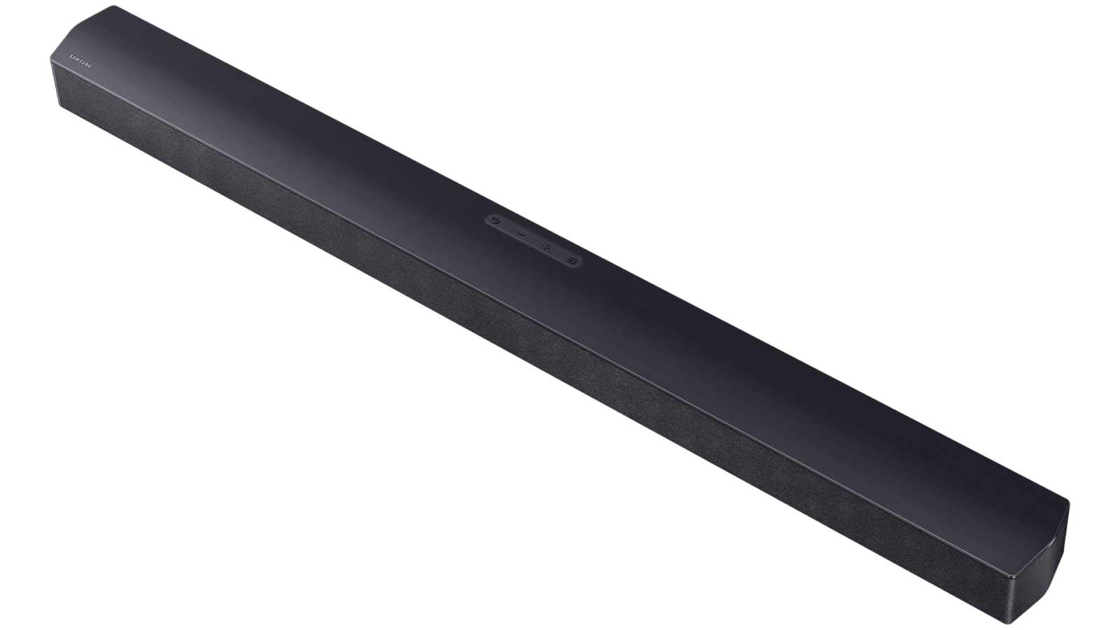 Soundbar Samsung HW-B450F preta vista em perspectiva, com botões de controle no topo e grade frontal em tecido