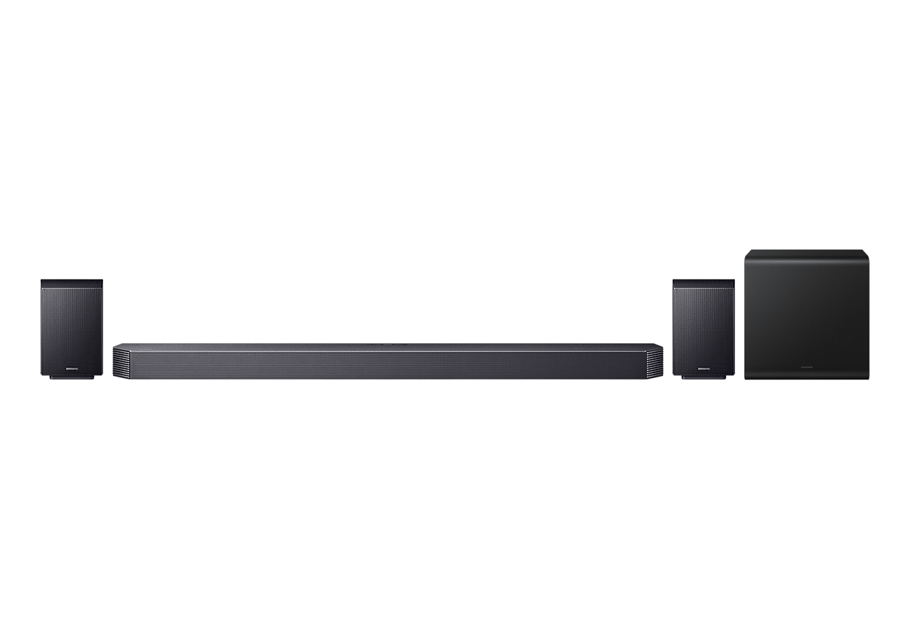Soundbar Samsung HW-Q930H na cor preta com subwoofer sem fio e duas caixas traseiras