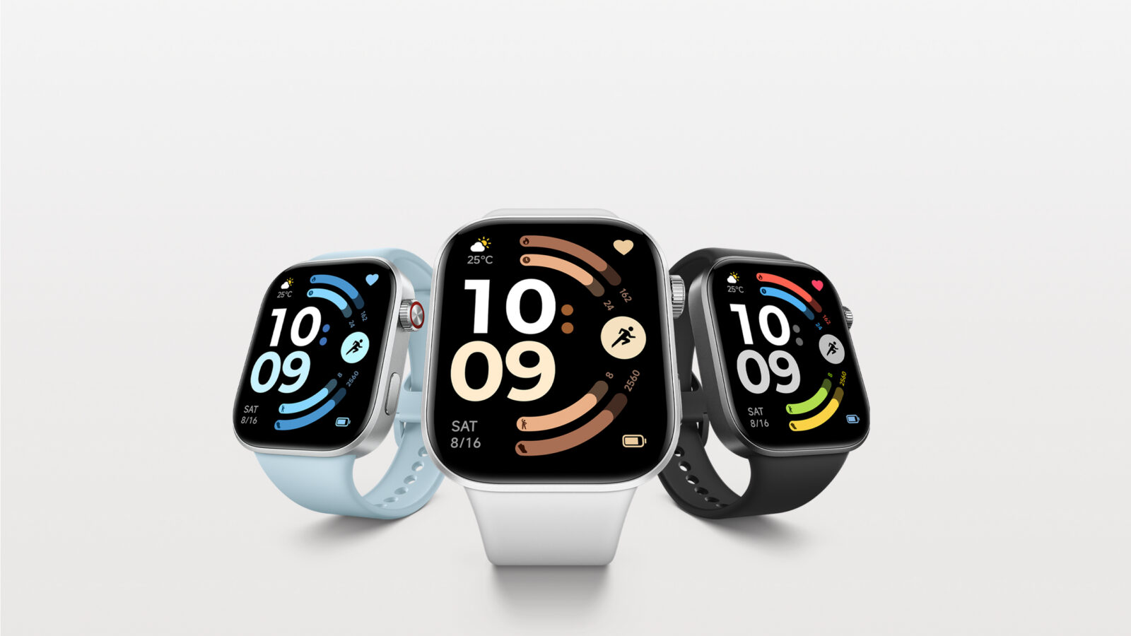 Três Redmi Watch 6 nas cores azul, prata e preta, com tela retangular mostrando hora e anéis de atividade