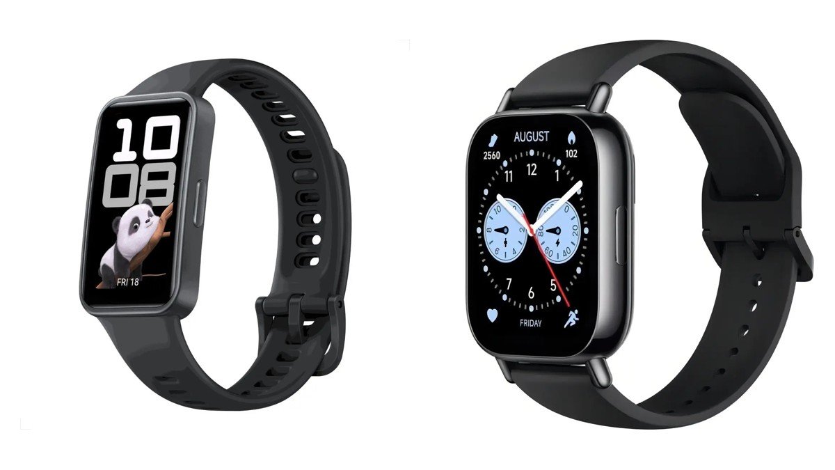 Smartband Huawei Band 10 preta com tela retangular ao lado do smartwatch Redmi Watch 5 Lite preto com tela quadrada, sobre fundo branco