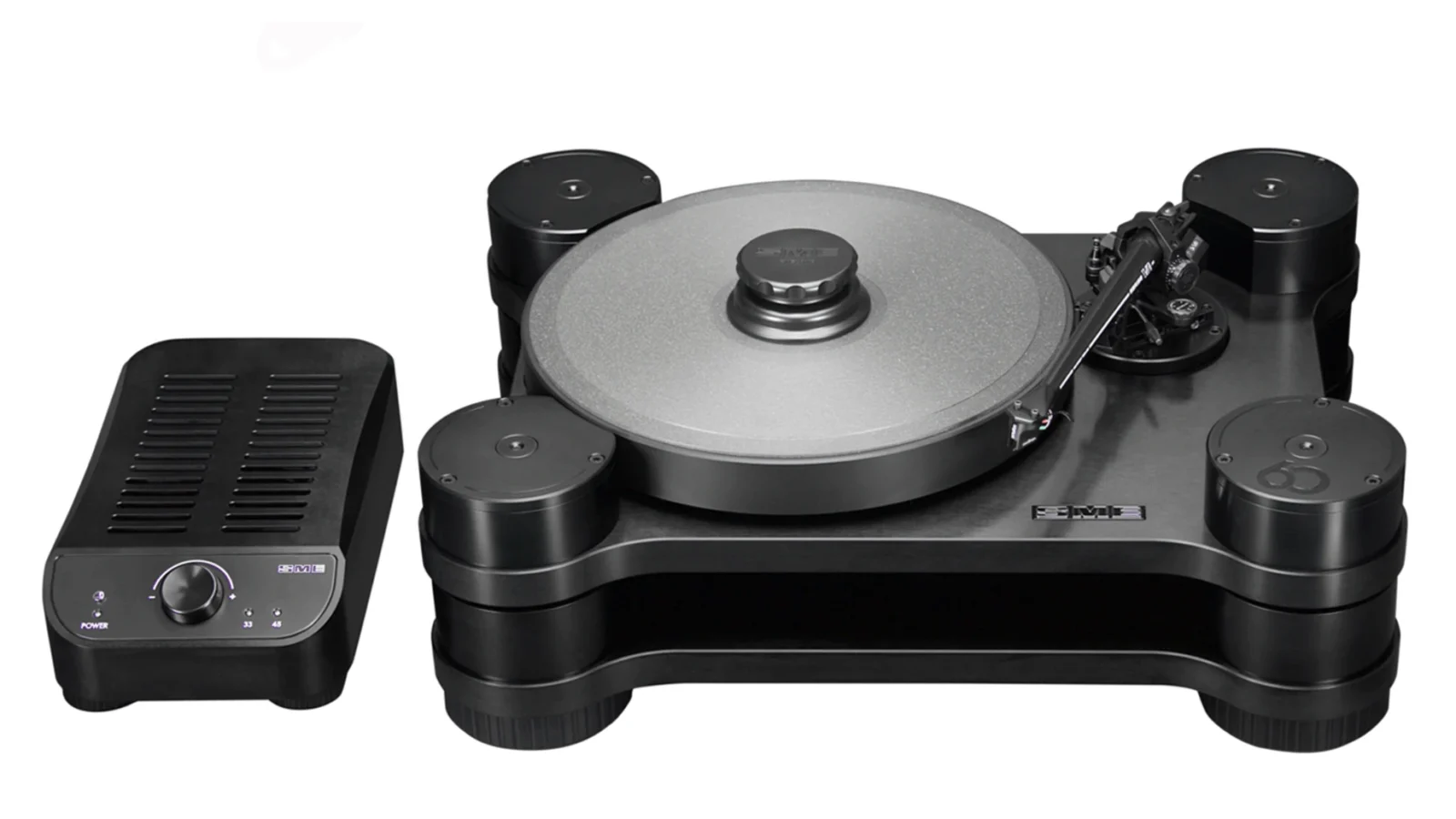 Toca-discos SME Model 60 preto com braço Series VA e unidade de controle de velocidade ao lado