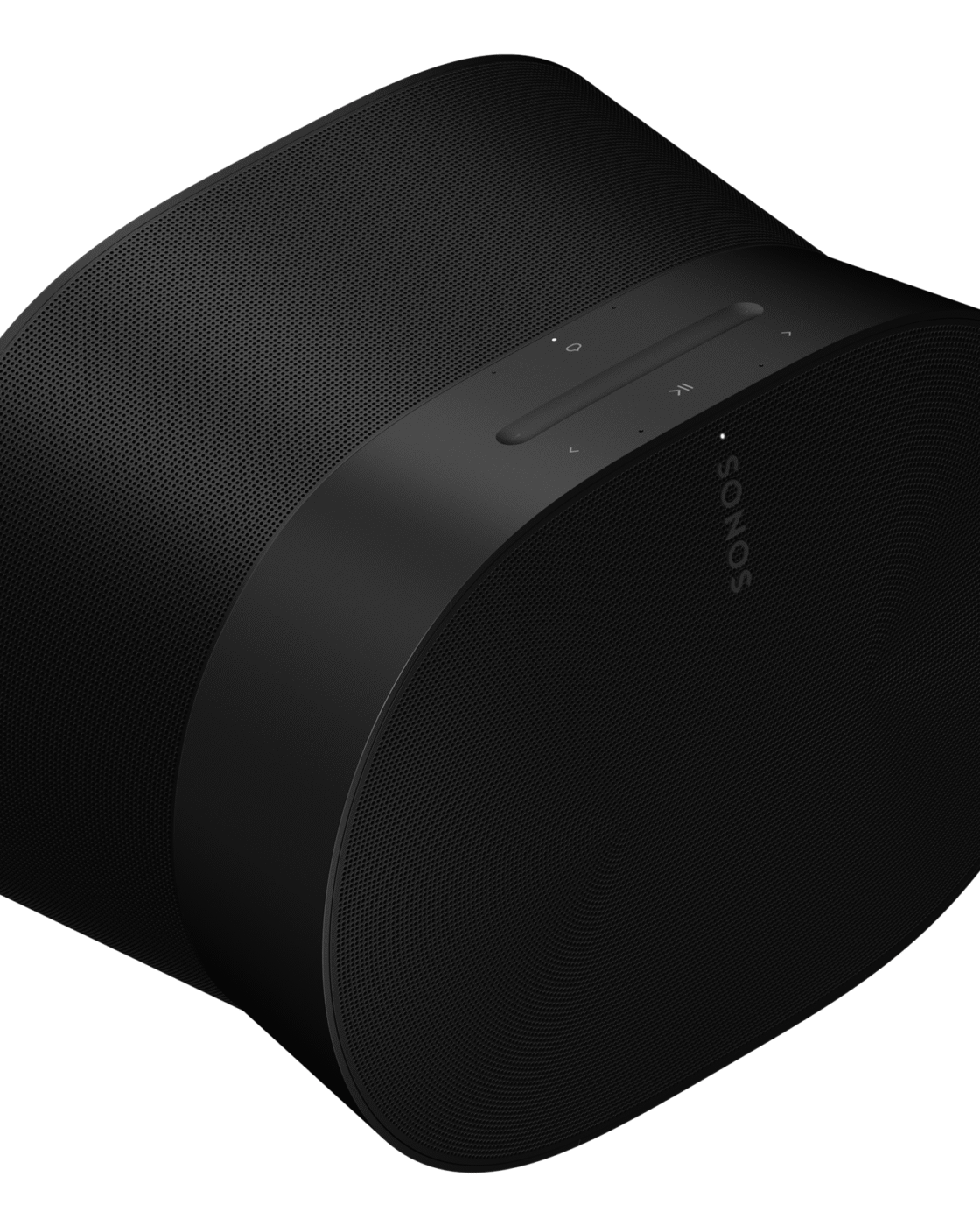 Caixa de som Sonos Era 300 preta em formato de ampulheta deitada, vista de três quartos, com controles de toque no topo
