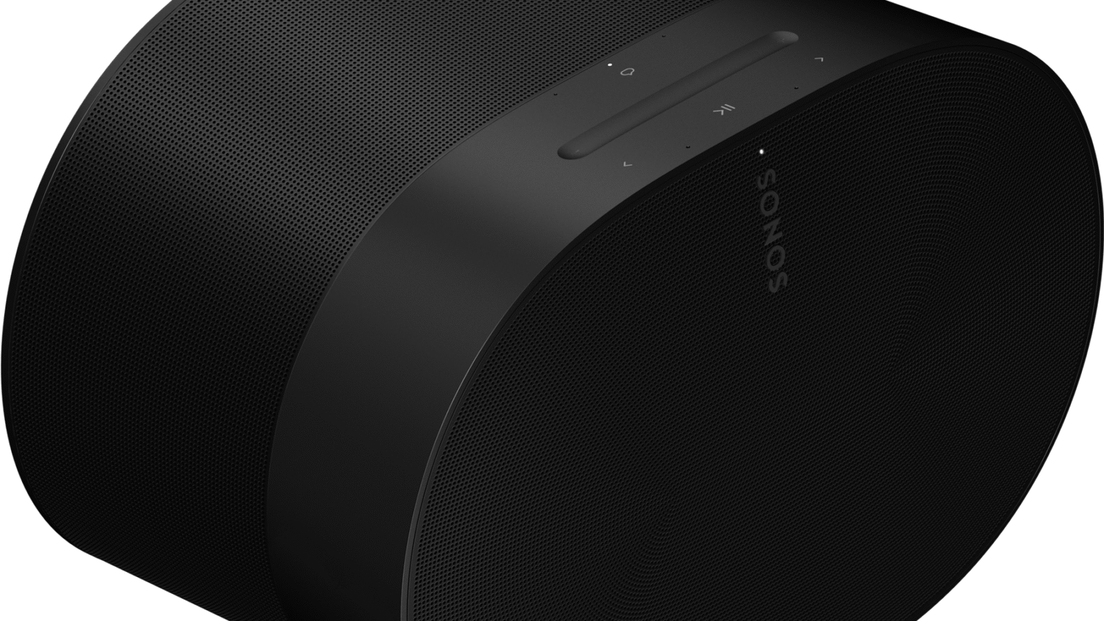 Caixa de som Sonos Era 300 preta em formato de ampulheta deitada, vista de três quartos, com controles de toque no topo