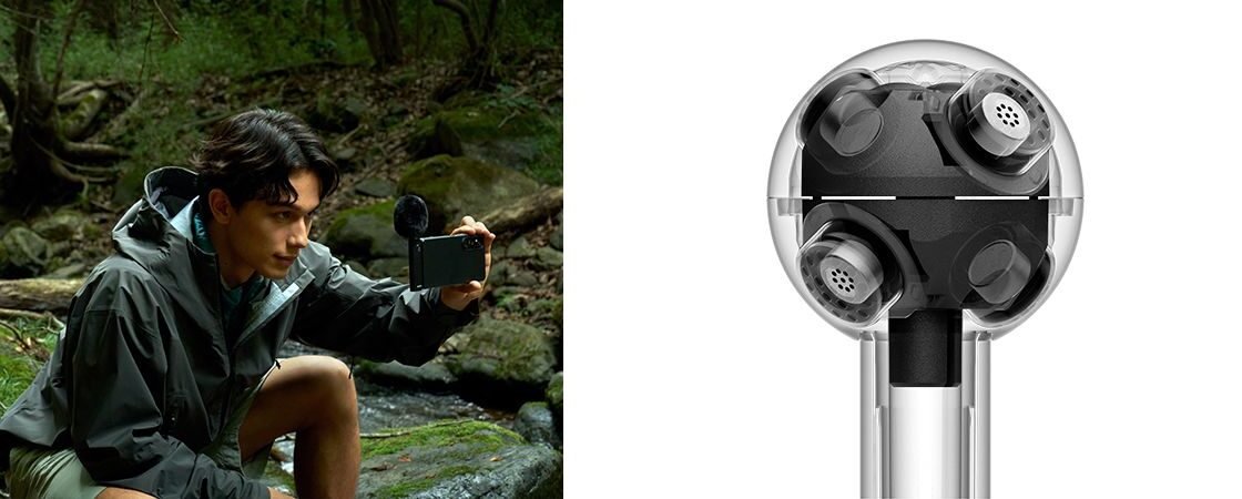 Imagem oficial da Sony: à esquerda, homem grava vídeo com smartphone e o microfone ECM-AX10 em uma floresta; à direita, vista em corte da cápsula esférica com as quatro cápsulas omnidirecionais