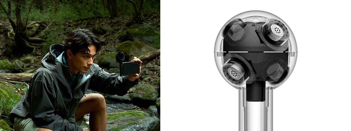 Imagem oficial da Sony: à esquerda, homem grava vídeo com smartphone e o microfone ECM-AX10 em uma floresta; à direita, vista em corte da cápsula esférica com as quatro cápsulas omnidirecionais