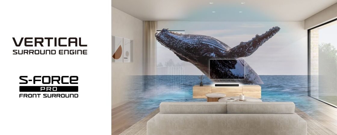 Ilustração oficial da Sony mostrando a soundbar HT-S2000 sob a TV e o efeito do Vertical Surround Engine e do S-Force PRO Front Surround na sala
