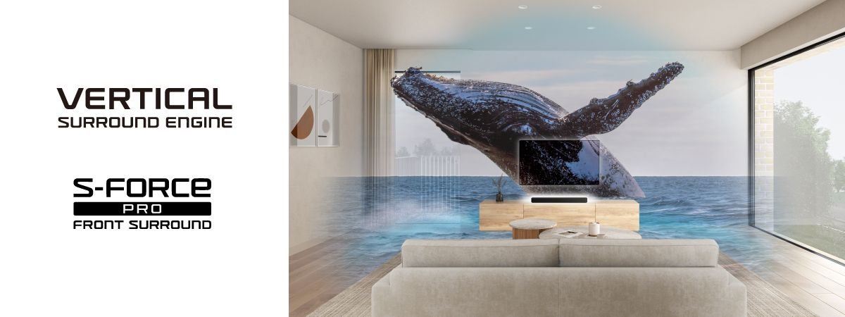Ilustração oficial da Sony mostrando a soundbar HT-S2000 sob a TV e o efeito do Vertical Surround Engine e do S-Force PRO Front Surround na sala