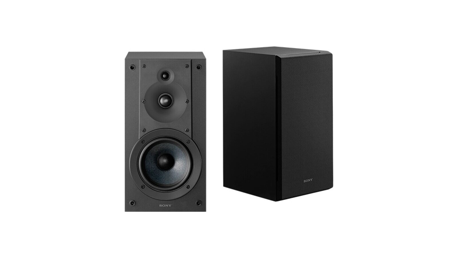 Par de caixas de som Sony SS-CS5M2 em preto, uma sem tela mostrando woofer, tweeter e super tweeter