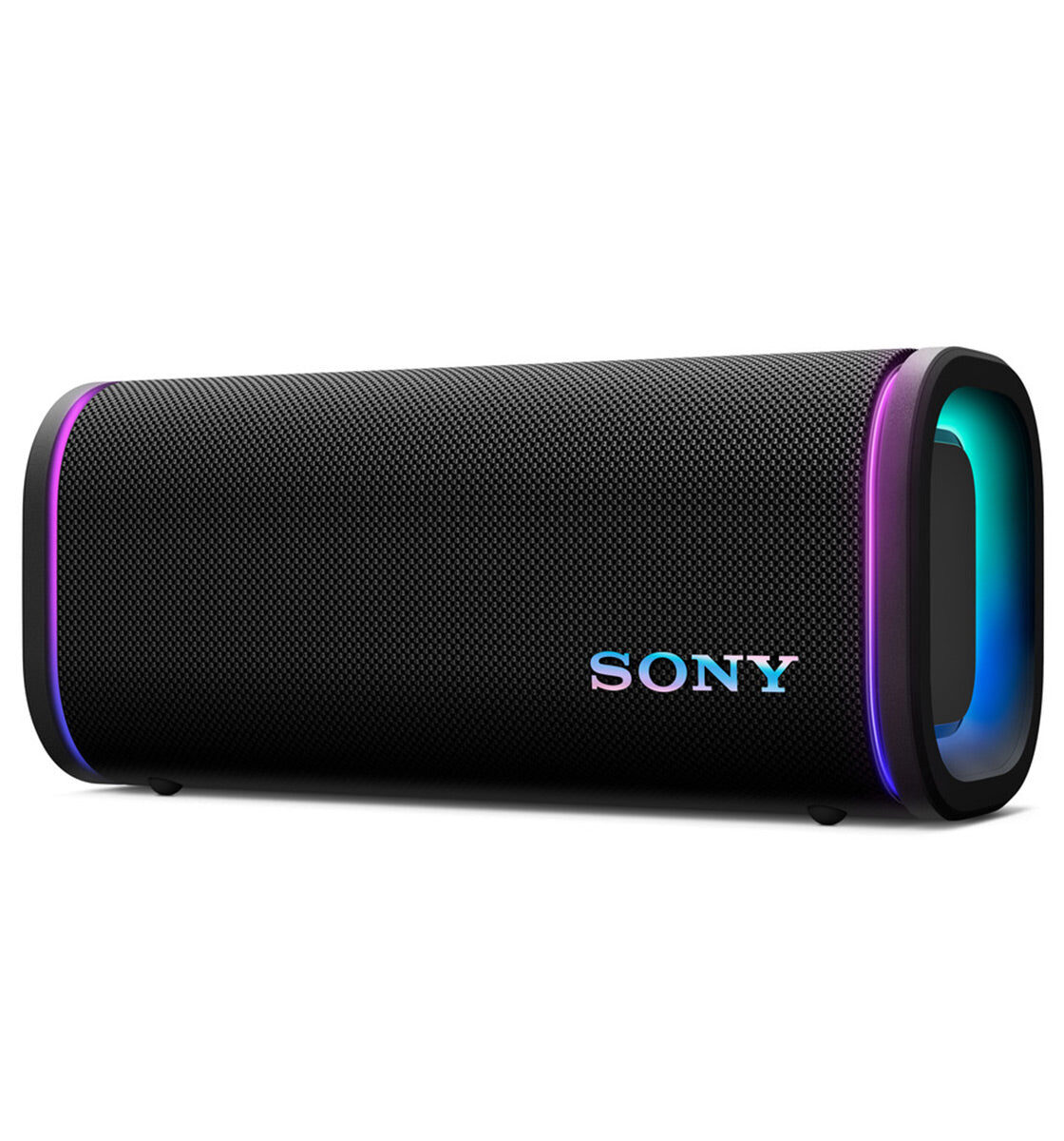 Caixa de som Bluetooth Sony ULT Field 5 preta, com tecido frontal, logotipo Sony e anéis de luz coloridos nas extremidades