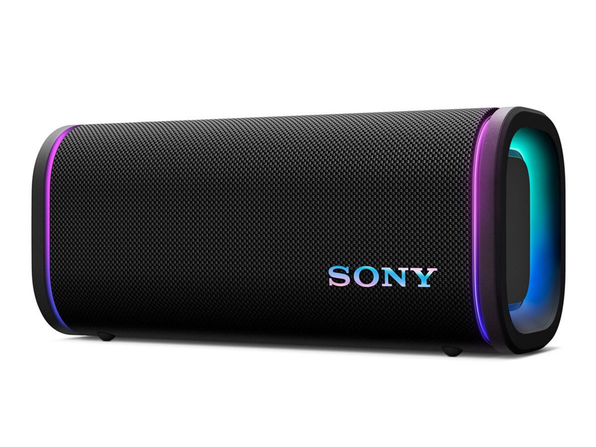 Caixa de som Bluetooth Sony ULT Field 5 preta, com tecido frontal, logotipo Sony e anéis de luz coloridos nas extremidades