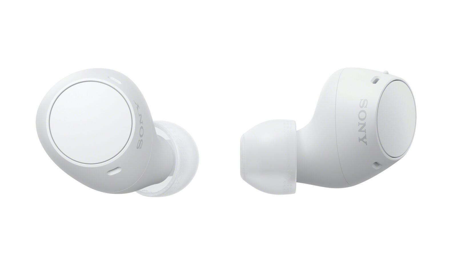 Fones true wireless Sony WF-C510 brancos ao lado do estojo de recarga