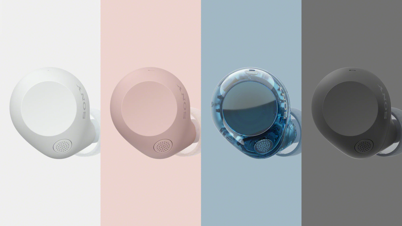 Fones Sony WF-C710N nas cores branca, rosa, azul transparente e preta, lado a lado