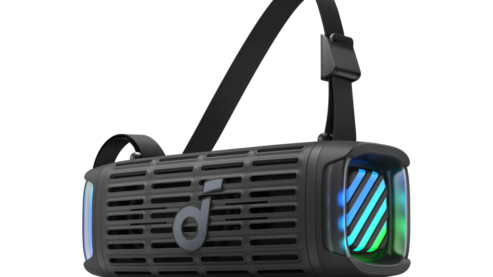 Caixa de som bluetooth Soundcore Boom 3i preta com alça e luzes RGB nas laterais