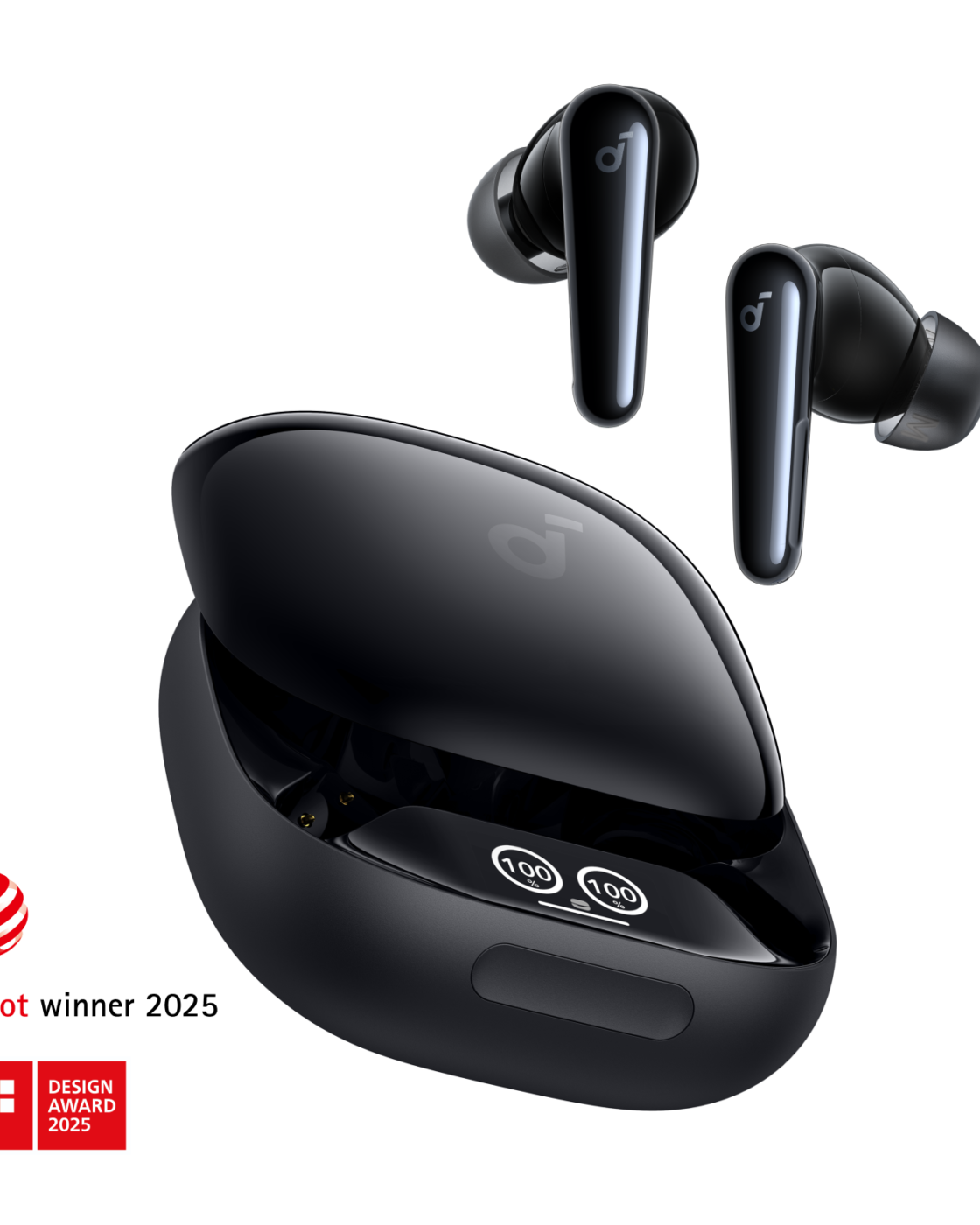 Fones Soundcore Liberty 4 Pro pretos ao lado do case de recarga aberto com tela mostrando a bateria