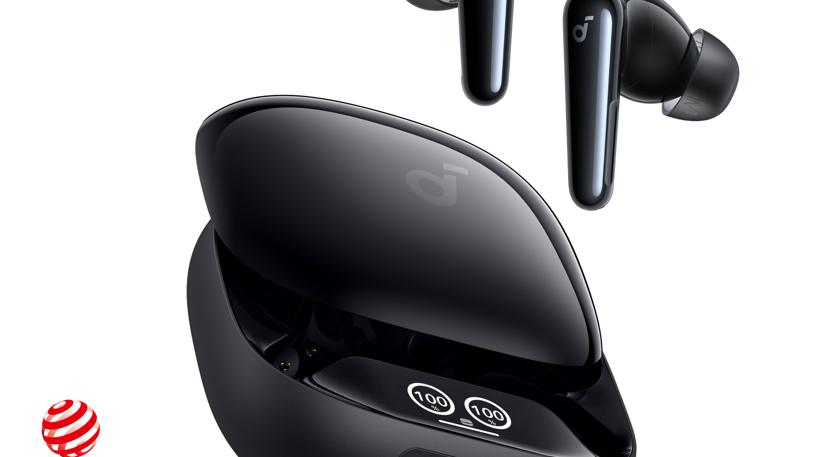 Fones Soundcore Liberty 4 Pro pretos ao lado do case de recarga aberto com tela mostrando a bateria