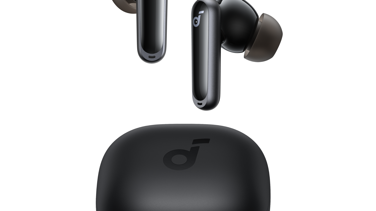 Fones true wireless soundcore P40i pretos flutuando acima do estojo de carregamento preto com faixa de LED