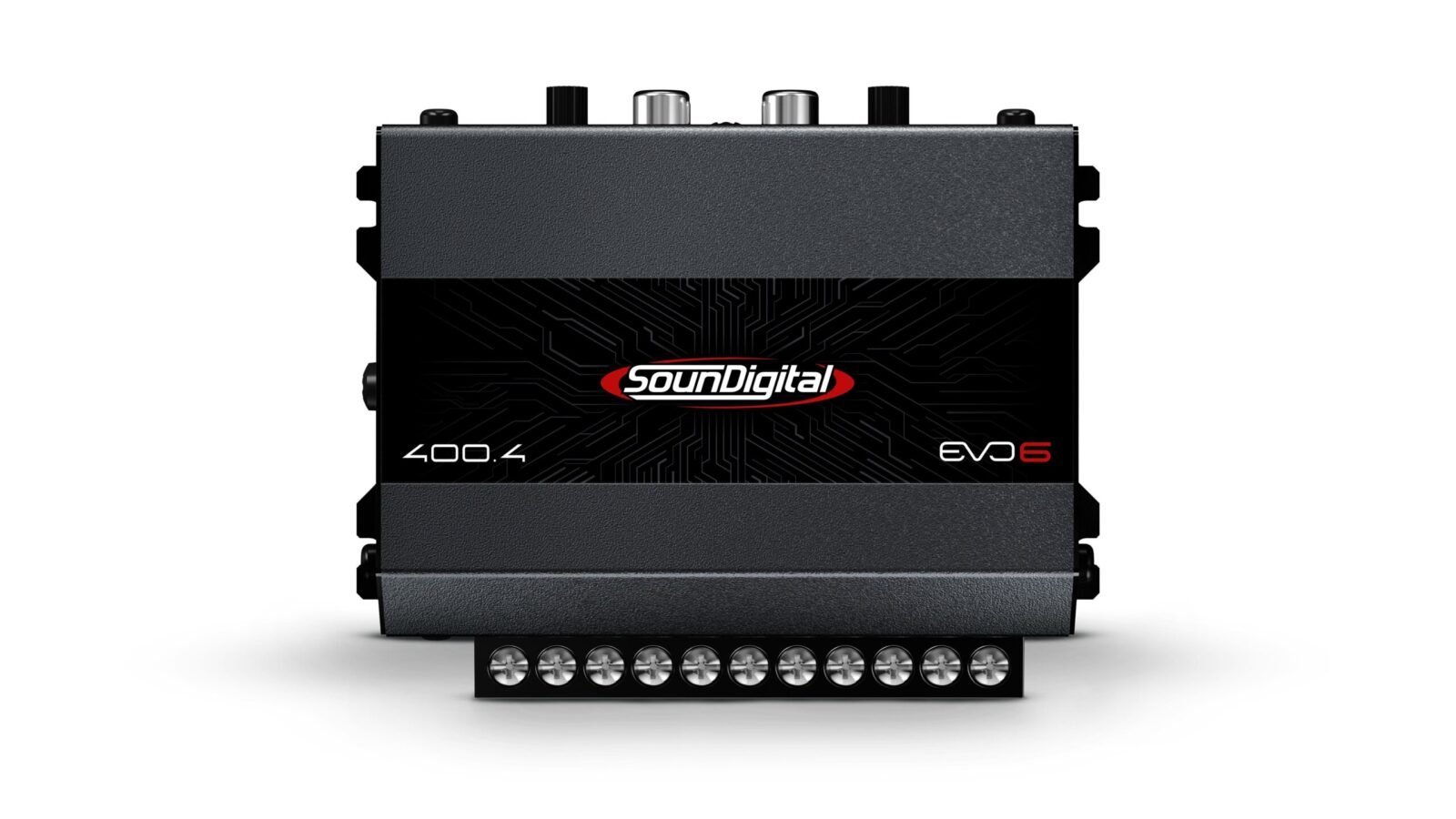 Módulo amplificador automotivo SounDigital 400.4 EVO6 visto de frente, com carcaça preta, conectores RCA no topo e régua de bornes de alimentação e alto-falantes