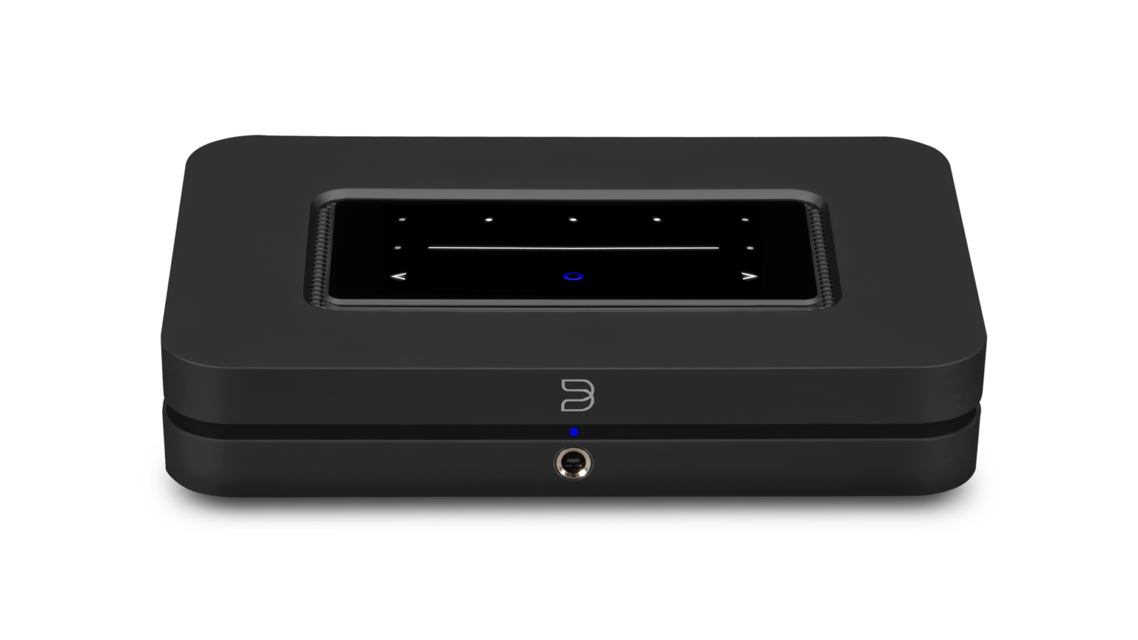 Streamer de áudio em rede Bluesound Node preto, com painel de toque no topo, compatível com AirPlay 2, Spotify Connect, Tidal Connect, Qobuz Connect e Roon Ready