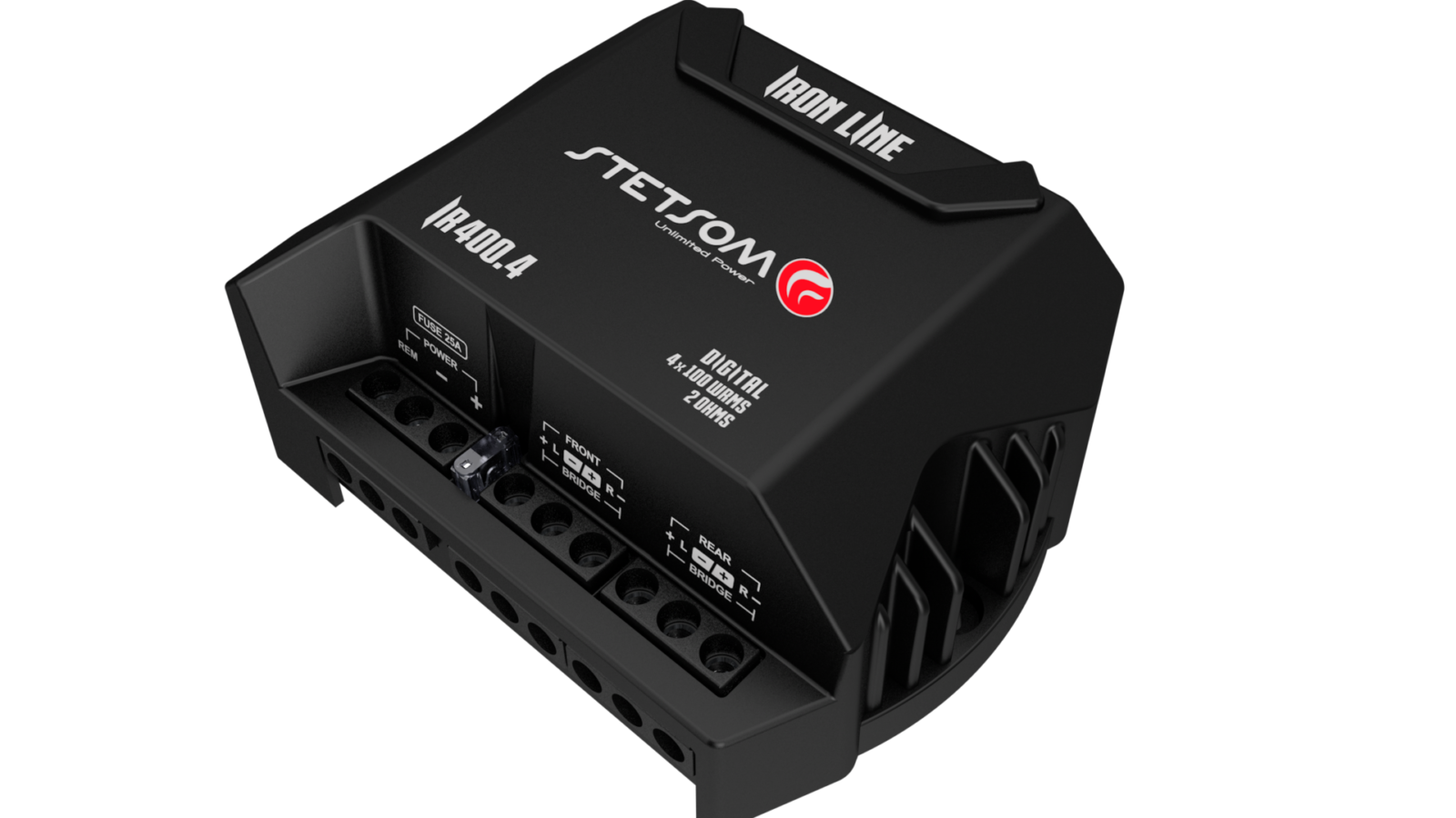 Módulo amplificador Stetsom IR400.4 da linha Iron Line visto em perspectiva, com conectores de alimentação e saídas de alto-falante