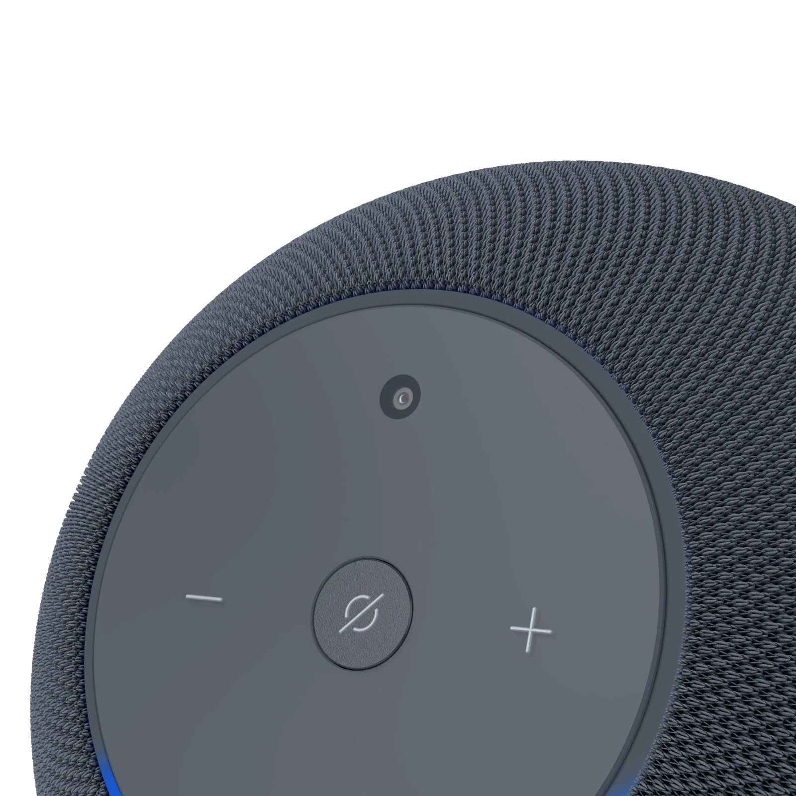 Detalhe da câmera de 13 MP e dos botões do Echo Studio com Câmera