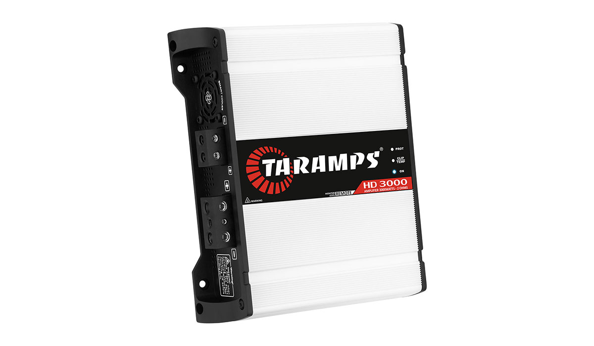 Amplificador automotivo Taramps HD 3000 branco, módulo de um canal, em foto oficial do fabricante